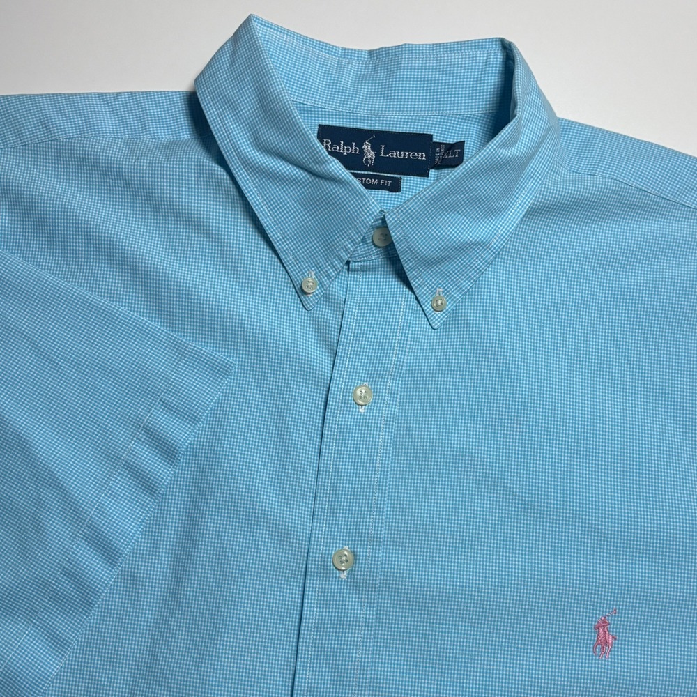 Ralph Lauren Custom Fit Gingham Mens XLT Blue Short Sleeve Button Down Shirt